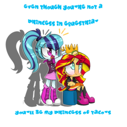 Size: 1500x1500 | Tagged: safe, artist:jankrys00, sonata dusk, sunset shimmer, equestria girls, g4, my little pony equestria girls: rainbow rocks, blushing, chibi, crown, cute, duo, female, heart, heart eyes, lesbian, shimmerbetes, ship:sunata, shipping, smiling, sonatabetes, sonataco, that girl sure loves tacos, that siren sure does love tacos, weapons-grade cute