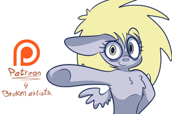 Size: 993x661 | Tagged: safe, artist:extradan, derpy hooves, oc, oc:jerky hooves, g4, looking at you, patreon, patreon logo, simple background, smiling, spread wings, white background