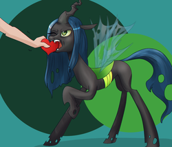 Size: 800x686 | Tagged: dead source, safe, artist:zilvtree, queen chrysalis, changeling, changeling queen, human, g4, biting, female, heart, one eye closed