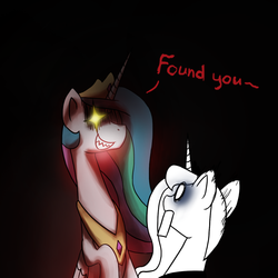 Size: 1200x1200 | Tagged: safe, artist:anticular, princess celestia, princess luna, alicorn, pony, ask sunshine and moonbeams, g4, duo, duo female, female, grin, hide and seek, mare, peytral, scared, smiling