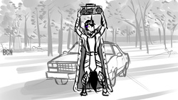 Size: 1024x576 | Tagged: safe, artist:bgn, king sombra, anthro, unguligrade anthro, g4, armor, cape, car, clothes, crown, former good king sombra, male, radio, say anything, solo, tree