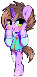 Size: 580x1200 | Tagged: dead source, safe, artist:nauticalsparrow, oc, oc only, oc:karo, pony, bipedal, blushing, clothes, curved horn, horn, simple background, solo, sweater, transparent background
