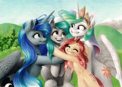 Size: 4333x3108 | Tagged: safe, artist:katputze, princess celestia, princess luna, oc, oc:crimsy, oc:silfoe, pony, g4, bipedal, birthday, colored pencil drawing, eyes closed, floppy ears, grin, happy, hug, markers, mixed media, open mouth, sitting, smiling, traditional art