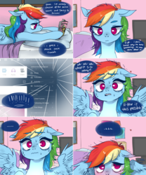 Size: 2005x2410 | Tagged: safe, artist:xarakayx, daring do, rainbow dash, pegasus, pony, g4, ..., awkwardrainbowdash, bed, bedroom, blushing, braces, comic, computer, cute, dashabetes, embarrassed, exclamation point, female, floppy ears, heart, high res, looking at you, magazine, mare, nervous, prone, reading, shivering, shocked, shy, shy dashie, solo, sweat, tumblr, wavy mouth