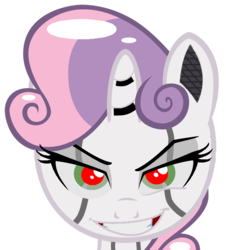 Size: 650x720 | Tagged: safe, artist:dtavs.exe, edit, sweetie belle, pony, robot, robot pony, unicorn, g4, bust, evil, evil smile, female, filly, foal, horn, portrait, red eyes, simple background, solo, sweetie bot, transparent background