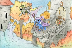 Size: 1280x843 | Tagged: safe, artist:phano, derpy hooves, pipsqueak, trixie, pegasus, pony, g4, female, mare, ogres and oubliettes, traditional art