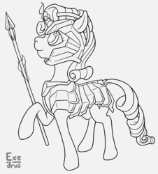 Size: 1343x1487 | Tagged: safe, artist:exedrus, rarity, g4, armor, armorarity, black and white, dock, female, grayscale, lineart, magic, solo, spear