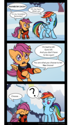 Size: 1331x2366 | Tagged: safe, artist:ethaes, rainbow dash, scootaloo, pegasus, pony, g4, clothes, comic, confused, context is for the weak, crying, eyes closed, floppy ears, frown, hogarth hughes, question mark, rainbow dash turning into an assault rifle, raised eyebrow, raised hoof, smiling, teary eyes, the iron giant, transformers: age of extinction