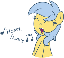 Size: 1135x1020 | Tagged: safe, artist:furrgroup, oc, oc only, oc:honey, pony, ^^, abba, dialogue, eyes closed, honey honey, mamma mia!, music notes, open mouth, simple background, singing, solo, song reference, white background