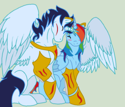 Size: 700x600 | Tagged: safe, artist:chihuahapup, rainbow dash, soarin', alicorn, pony, g4, armor, blushing, everyone is an alicorn, eyes closed, female, hug, male, race swap, rainbowcorn, ship:soarindash, shipping, sitting, smiling, spread wings, straight, winghug