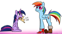 Size: 1024x569 | Tagged: safe, artist:slypon, rainbow dash, twilight sparkle, alicorn, pony, g4, accessory theft, biting, boots, context is for the weak, female, frown, high heels, mare, nom, rainbow dash always dresses in style, sitting, tiara, twilight sparkle (alicorn), wat, wide eyes