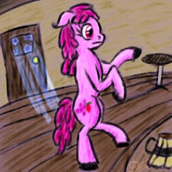 Size: 1280x1280 | Tagged: safe, artist:gallifreyanequine, berry punch, berryshine, earth pony, pony, g4, balancing, bar, bipedal, female, mare, solo, standing, wat