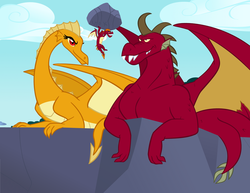 Size: 1024x790 | Tagged: safe, alternate version, artist:queencold, garble, oc, oc:caldera, oc:maximus, dragon, g4, dragon oc, dragoness, father, father and son, female, lifting, male, milestone, mother, mother and son, parent, prone, pun, rock, teenaged dragon, trio