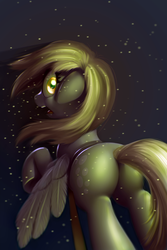 Size: 1024x1536 | Tagged: safe, artist:moonlitbrush, derpy hooves, pegasus, pony, comic:derpy deliveries, fallout equestria, g4, balefire bomb, bubble butt, butt, female, flying, frown, looking at you, looking back, mare, plot, reflection, spread wings, wide eyes, wings