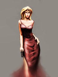 Size: 1200x1600 | Tagged: safe, artist:amskeey, sunset shimmer, human, g4, clothes, dress, female, gun, humanized, solo