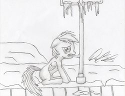 Size: 3275x2514 | Tagged: safe, artist:perniciouswolf, rainbow dash, pegasus, pony, g4, blank flank, female, filly, filly rainbow dash, frozen, high res, monochrome, solo, stuck, tongue out, tongue stuck to pole, tongue stuck to something frozen, traditional art, winter, younger