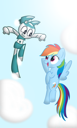 Size: 1500x2500 | Tagged: safe, artist:abstract-spectrum, rainbow dash, robot, g4, crossover, flying, jenny wakeman, my life as a teenage robot, sky