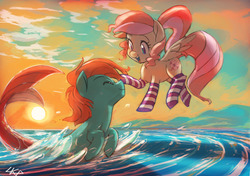 Size: 1280x903 | Tagged: safe, artist:paradoxbroken, oc, oc only, pegasus, pony, sea pony, boop, clothes, female, male, ocean, shipping, socks, straight, striped socks