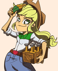 Size: 895x1100 | Tagged: safe, artist:lunchie, artist:varemia, applejack, equestria girls, g4, my little pony equestria girls: rainbow rocks, apple cider, applejack's hat, bottle, cider, clothes, colored, cowboy hat, crate, denim skirt, drink, female, freckles, hat, simple background, skirt, smiling, solo, stetson, trace