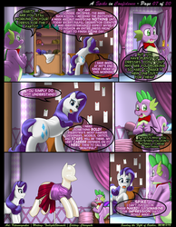 Size: 1165x1500 | Tagged: safe, artist:kitsuneyoukai, rarity, spike, dragon, pony, unicorn, comic:a spike in confidence, g4, blushing, bowtie, butt, comic, courtship, crying, dialogue, eating, embarrassed, explicit source, eyes closed, female, implied anus, interior, leaning, looking back, male, mannequin, mare, oblivious, plot, rarity's bedroom, sweat, talking, we don't normally wear clothes, wingless spike