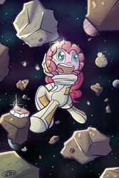Size: 1400x2100 | Tagged: safe, artist:spikedmauler, fluttershy, pinkie pie, earth pony, pegasus, pony, g4, astronaut, astronaut pinkie, female, solo, space, spacesuit, wingding eyes