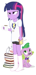 Size: 480x1008 | Tagged: safe, artist:dm29, flash sentry, spike, twilight sparkle, dog, equestria girls, g4, bed hair, bloodshot eyes, book, bow, butter, chinese food, clothes, coffee, coffee mug, dishevelled, duo, food, fork, frown, hangover, implied flashlight, messy hair, mug, shirt, simple background, socks, spike the dog, tired, toast, transparent background, twilight sparkle (alicorn), unamused, vector