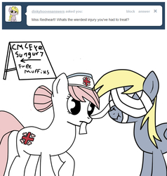 Size: 665x699 | Tagged: safe, derpy hooves, nurse redheart, pegasus, pony, g4, ask, bandage, female, implied cutie mark crusaders, mare, scrunchy face, tumblr
