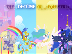 Size: 600x450 | Tagged: safe, artist:php50, derpy hooves, princess celestia, princess luna, rainbow dash, alicorn, pegasus, pony, g4, armor, ethereal mane, female, group, helmet, hoof shoes, mare, peytral, quartet, rearing, spread wings, starry mane, the decline of equestria, wings