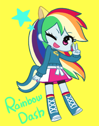 Size: 631x800 | Tagged: safe, artist:chanxco, rainbow dash, equestria girls, g4, chibi, cute, dashabetes, female, one eye closed, open mouth, peace sign, pixiv, simple background, solo, stars, wink, wondercolts, wondercolts uniform, yellow background