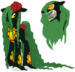 Size: 838x801 | Tagged: safe, artist:faith-wolff, kaiju pony, plant pony, fanfic:the bridge, biollante, colored sclera, fangs, female, flower, flower in hair, godzilla (series), long mane, mare, open mouth, orange eyes, plant mane, ponified, simple background, transparent background, unshorn fetlocks, vine