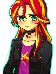 Size: 900x1200 | Tagged: safe, artist:c-minded, sunset shimmer, human, g4, blushing, collar, embarrassed, female, humanized, piercing, solo