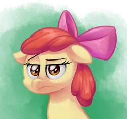 Size: 1068x1000 | Tagged: safe, artist:verulence, apple bloom, earth pony, pony, g4, adorabloom, apple bloom is not amused, cute, female, filly, floppy ears, foal, frown, green background, looking at you, raised eyebrow, reaction image, simple background, solo, unamused
