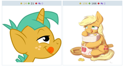 Size: 523x278 | Tagged: safe, applejack, snails, derpibooru, g4, applesauce, appletini, exploitable meme, juxtaposition, juxtaposition win, licking lips, meme, meta