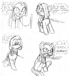 Size: 1280x1409 | Tagged: safe, artist:adlaz, pinkie pie, earth pony, pony, g4, angry, bloodshot eyes, chained, chains, collar, dragging, fangs, graph paper, monochrome, my eyes, pinkamena diane pie, pulling, rage, simple background, speech bubble, tantrum, time out, traditional art, white background, yelling