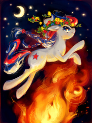 Size: 805x1082 | Tagged: safe, artist:chio-kami, oc, oc only, oc:marussia, earth pony, pony, braid, crescent moon, fire, flower, flower in hair, moon, nation ponies, russia, solo