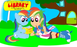 Size: 1163x714 | Tagged: safe, artist:newportmuse, rainbow dash, human, g4, duo, human ponidox, humanized, reading