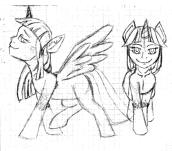 Size: 1280x1126 | Tagged: safe, artist:adlaz, twilight sparkle, original species, human head pony, g4, majestic as fuck, monochrome, sphinxlight sparkle, traditional art, twilight sparkle (alicorn)