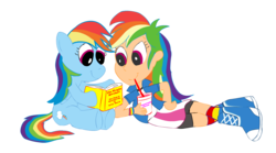 Size: 1138x631 | Tagged: safe, artist:newportmuse, rainbow dash, human, g4, duo, human ponidox, humanized, reading, simple background, transparent background