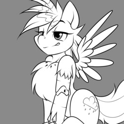 Size: 1280x1280 | Tagged: safe, artist:kloudmutt, oc, oc only, oc:frosty winds, cyborg, fallout equestria, fallout equestria: memories, chest fluff, monochrome, prosthetic limb, smug, solo