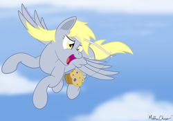 Size: 4000x2800 | Tagged: safe, artist:gammaespeon, derpy hooves, pegasus, pony, g4, carrot on a stick, female, headband, mare, muffin, sky, solo, string