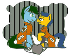 Size: 800x618 | Tagged: safe, artist:flutterluv, oc, oc only, clothes, duo, prison, prison outfit