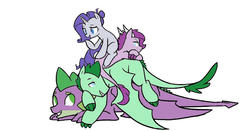Size: 867x456 | Tagged: safe, artist:kianamai, color edit, edit, rarity, spike, oc, oc:crystal clarity, oc:turquoise blitz, dracony, hybrid, kilalaverse, g4, colored, cuddle puddle, cuddling, family, female, interspecies offspring, male, next generation, offspring, older, older spike, parent:rarity, parent:spike, parents:sparity, pony pile, ship:sparity, shipping, simple background, straight, white background, winged spike, wings