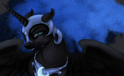 Size: 1136x697 | Tagged: safe, artist:colorlesscupcake, nightmare moon, alicorn, pony, g4, female, kitchen eyes, licking lips, solo, stupid sexy nightmare moon, tongue out