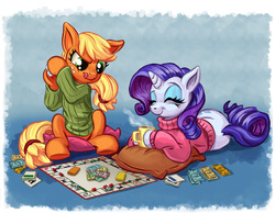 Size: 2000x1549 | Tagged: safe, artist:harwick, applejack, rarity, earth pony, pony, unicorn, board game, clothes, coffee mug, dice, eyes closed, female, implied lesbian, lesbian, mare, monopoly, mug, pillow, prone, rarijack, rarijack daily, shipping, shirt, smiling, this will end in tears, tongue out, turtleneck