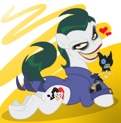 Size: 889x898 | Tagged: safe, artist:icelion87, pony, batman, bedroom eyes, butt, clothes, grin, heart, looking at you, looking back, mouth hold, plot, plushie, ponified, prone, raised tail, smirk, solo, sploot, the joker, underhoof