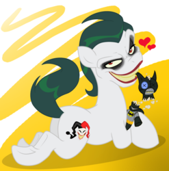 Size: 889x898 | Tagged: safe, artist:icelion87, pony, batman, bedroom eyes, butt, grin, heart, looking at you, looking back, mouth hold, plot, plushie, ponified, prone, raised tail, smirk, solo, sploot, the joker, underhoof