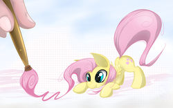 Size: 2455x1534 | Tagged: safe, artist:malifikyse, fluttershy, pegasus, pony, g4, behaving like a cat, cute, drawn into existence, face down ass up, female, folded wings, hand, looking at something, paintbrush, shyabetes, smiling, solo