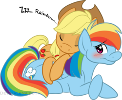 Size: 900x741 | Tagged: safe, artist:devlynxbat, applejack, rainbow dash, earth pony, pegasus, pony, g4, blushing, cowboy hat, eyes closed, female, hat, lesbian, mare, ship:appledash, shipping, simple background, sleeping, stetson, transparent background