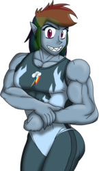 Size: 629x1083 | Tagged: safe, artist:advanceddefense, rainbow dash, human, g4, female, flexing, humanized, muscles, overdeveloped muscles, rainbuff dash, solo, spectrum rush