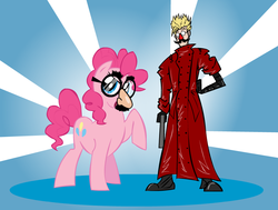 Size: 882x666 | Tagged: source needed, safe, artist:shutterflye, pinkie pie, earth pony, human, pony, g4, abstract background, crossover, groucho mask, gun, seems legit, trigun, vash the stampede, weapon